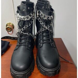 Black Combat Boots with Silver Chains